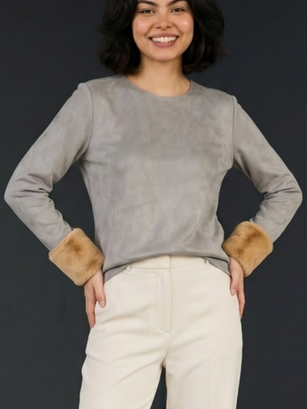 Zara Cuffed Sweater Vegan Suede Gray & Tan Cuffs Cozy Crew Womens Size S